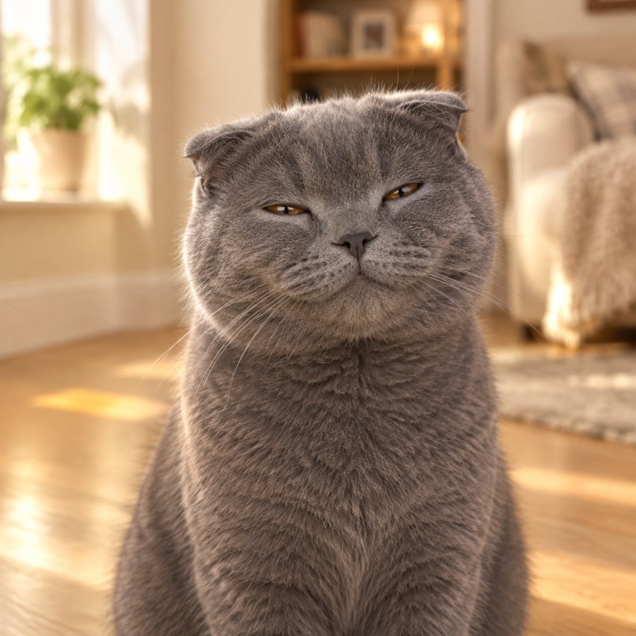 A happy grey cat with a content slow blink